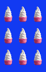 Rows of Milk Soft Serve Ice Cream in Pink Cones on Ultramarine Blue Background