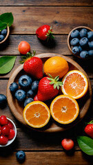 fresh fruits on wooden background