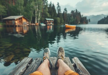 Comfortably shoe-clad feet up, enjoying the serenity of a mountain lake during a peaceful outing