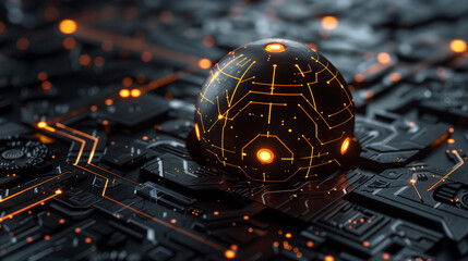 futuristic technology background featuring glowing binary circuit lines intricately wrapped around a black sphere, modern cyber tech wallpaper, technology business background 