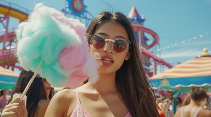 Young woman leisurely enjoying fluffy cotton candy at a vibrant amusement park on a sunny day