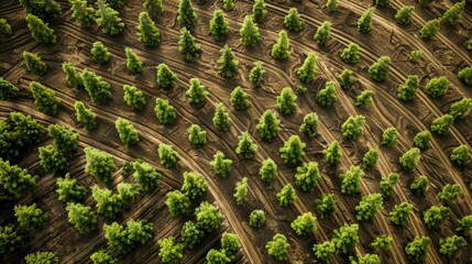 An aerial view of a reforestation project, with rows of newly planted trees, symbolizing hope and the vital role of forests in maintaining ecological balance.