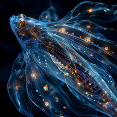 Fotobehang Futuristic fauna with transparent skin, undersea habitat, backlit, showcasing internal bioluminescent organs and structures, super detailed , ultra HD, © รันนี่ เจอนั่น Mm