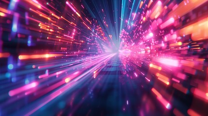 Futuristic Neon Light Tunnel Speed: Abstract Colorful Motion Blur and Vibrant Digital Data Stream...