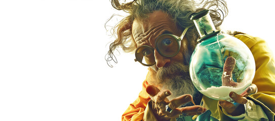 In the realm of madness and creation, a close-up of a mad scientist emerges, his disheveled appearance and intense gaze hinting at the chaotic brilliance within. White background, copy space. © Pink Badger