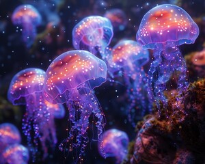 Glowing Jellyfish Ballet in the deep ocean, synchronized light show, 3D render