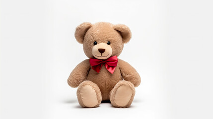 A lone teddy bear toy against a stark white background