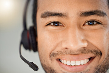 Man, call center and face portrait with headphone for insurance advice, online sales and...