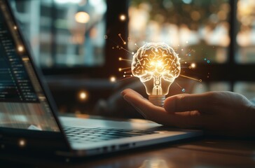 The businessmans hand grasps a light bulb while a digital brain interface is displayed on the laptop screen, Generated by AI