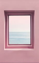 Photo of window looking out to the sea with vibrant pink color background.