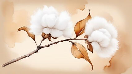 Elegant vintage pastel cotton flowers. Abstract watercolor botanical background. floral art 