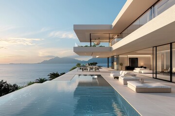 Fototapeta premium Luxury Island Villa With Infinity Pool At Sunset.