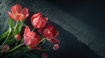 Elegant peony tulips basking in soft light against a sleek black stone backdrop setting the scene for a festive celebration perfect for Mother s Day or Valentine s Day Ideal for greeting ca