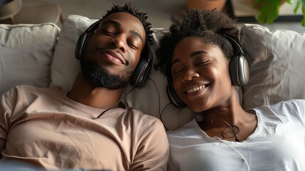 Cheerful Black Couple Wearing Headphone and enjoy - obrazy, fototapety, plakaty