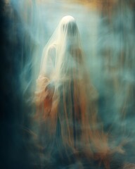 Intimate close-up of a fading ghostly figure from another time, blurred motion, mysterious ambiance, digital abstract collageslayered effectgreat for album covers