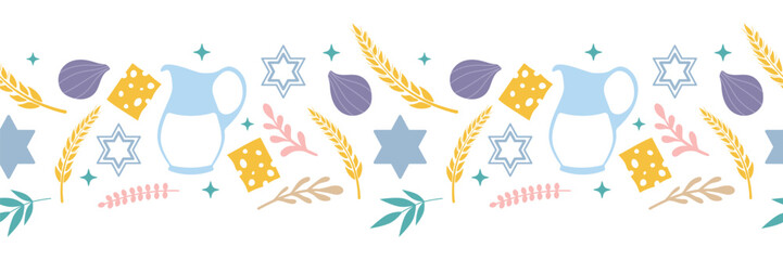 Shavuot seamless border. Milk, cheese, wheat, star of David. Vector pattern for your design