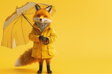 Stylish fox in a vibrant yellow raincoat, stands beneath an open umbrella in full body