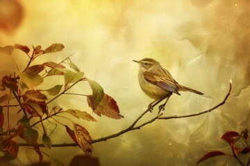   Two birds perch on a post in a flower-filled field Sunlight filters through the trees behind them. Beautiful simple AI generated image in 4K, unique.