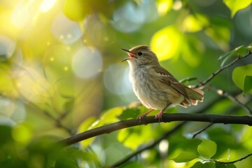 A small bird relaxing on a branch full of flowers. seamless looping time-lapse virtual 4k video Animation Background.. Beautiful simple AI generated image in 4K, unique.