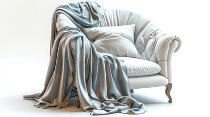A white couch with a blue blanket draped over it