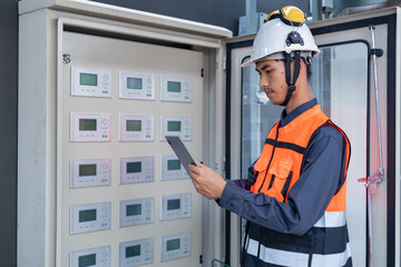 Engineer under checking the industry chilled water fan coil unit air conditioner is water cooling tower air chiller HVAC system of large industrial building to control air system