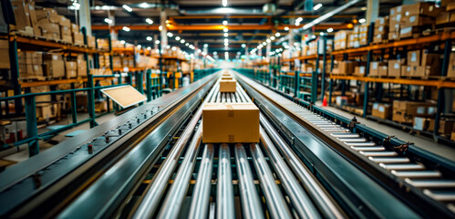 A conveyor belt in a warehouse with boxes on it