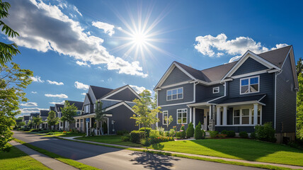 A crisp charcoal grey house with siding, standing prominently on a lush suburban street, under a bright sunny sky. - obrazy, fototapety, plakaty