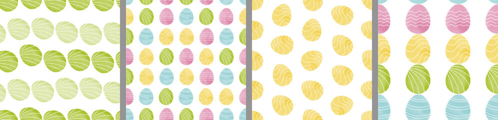 Watercolor set of seamless patterns. Collection of hand drawn pastel Easter eggs