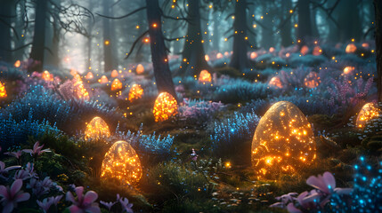 Enchanting Illuminated Easter Egg Forest Bathed in Ethereal Firefly Glow