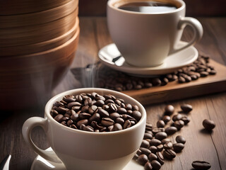 White Coffee Cups on a Bean Bed.