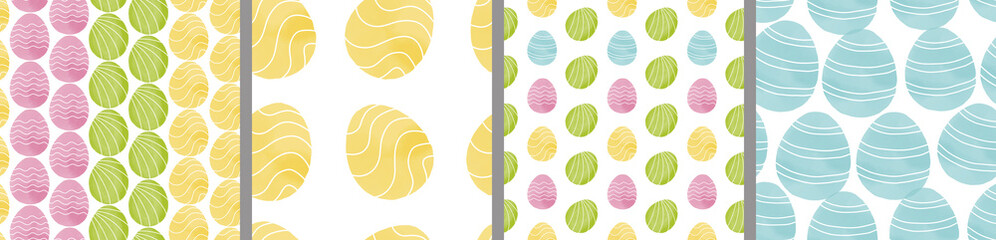 Watercolor set of seamless patterns. Collection of hand drawn pastel Easter eggs