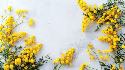 Create a festive table arrangement for spring celebrations like Women s Day birthdays or Mother s Day featuring bright yellow mimosa flowers set against a light background Showcase this con