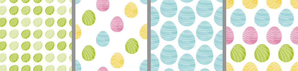 Watercolor set of seamless patterns. Collection of hand drawn pastel Easter eggs
