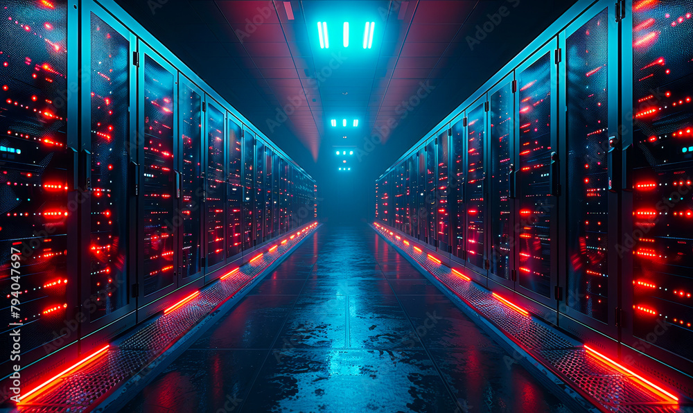 Poster complex data center server racks, vfx visualization internet of things traffic, digitalization, elec