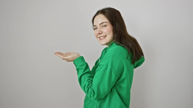 Excited young woman in sweatshirt, happily pointing aside at ad space with open palm. cheerfully presenting a product against isolated white background.