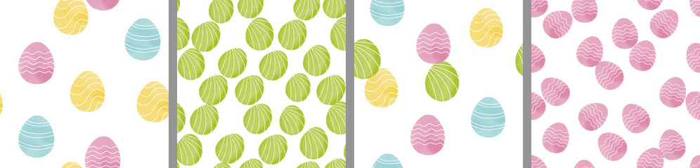 Watercolor set of seamless patterns. Collection of hand drawn pastel Easter eggs