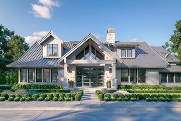 A front view of a sleek silver craftsman cottage style home, with a triple pitched roof, showcasing tasteful greenery and a straightforward, elegant entrance, epitomizing modern simplicity. - obrazy, fototapety, plakaty