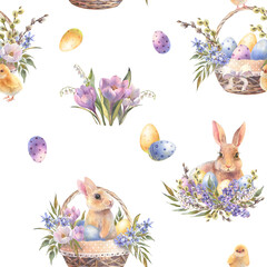 Watercolor seaemless pattern with bunny, easter rabbit in floral basket with colorful eggs, spring bunny, cute fluffy pet, farmhouse animal illustration. Vintage style.