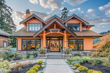 A front view of an elegant tangerine craftsman cottage style home, with a triple pitched roof, immaculate landscaping, a paved walkway, and superior curb appeal, showcasing a zest for modern living. - obrazy, fototapety, plakaty
