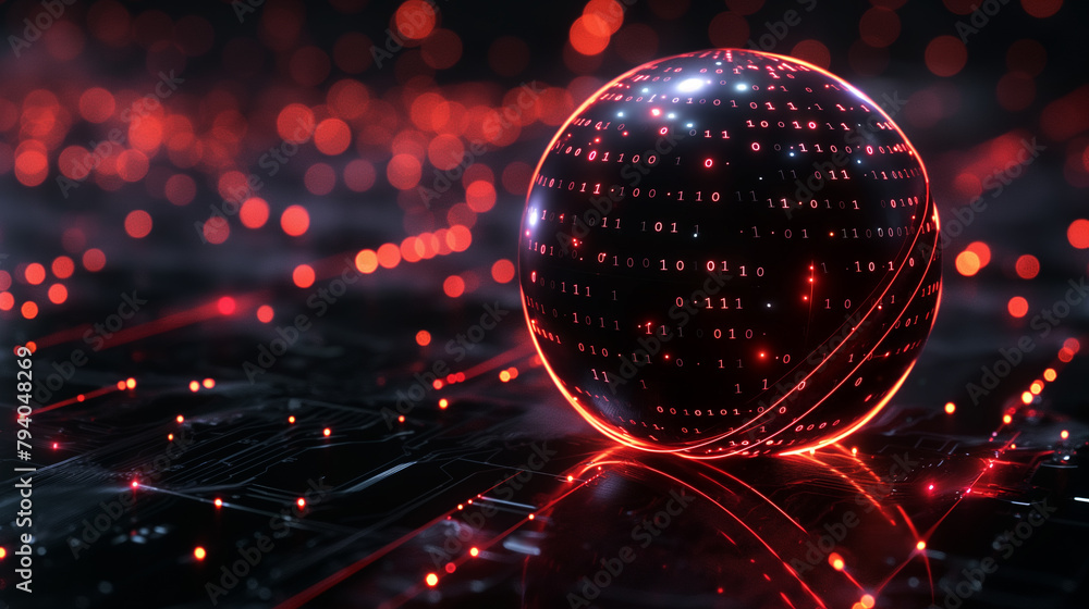 Poster futuristic technology background featuring glowing binary circuit lines intricately wrapped around a