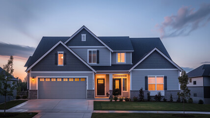 A gentle grey house with siding, mirroring the calm and sophistication of suburban design, illuminated by the day's light. - obrazy, fototapety, plakaty