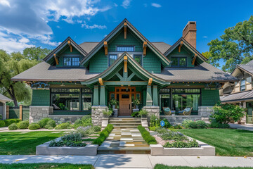 A front view of a striking emerald green craftsman cottage style home, with a triple pitched roof, expertly designed landscaping, - obrazy, fototapety, plakaty