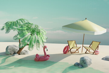 Empty summer tropical beach with coconut palms, beach chairs, umbrella and sun accessories. Summer travel concept. 3d render. Front view