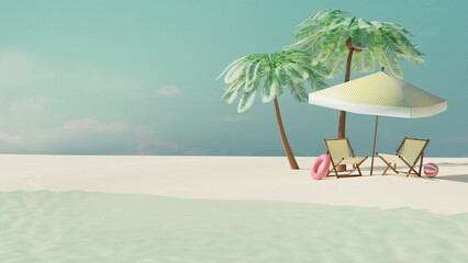 Empty summer tropical beach with coconut palms, beach chairs, umbrella and sun accessories. Summer travel concept. 3d render. Front view
