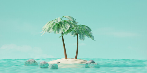 Summer tropical island with coconut palms in ocean. Summer travel concept. 3d render