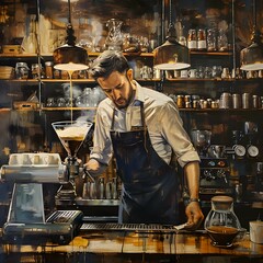 Barista im Cafe bereitet Kaffee, handgemacht - obrazy, fototapety, plakaty