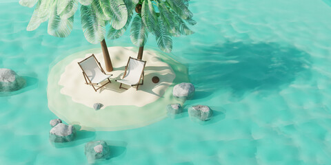 Summer tropical island with coconut palms and beach chairs in ocean. Summer travel concept. 3d render. Top view