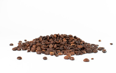 coffee beans are scattered on the table