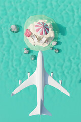 Airplane flying under summer tropical island with beach chairs, umbrellas and sun accessories in ocean. Summer travel concept. 3d render. Top view - 794049819