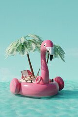 Summer tropical island with beach chairs,  palms, and sun accessories on pink rubber flamingo in ocean. Summer travel concept. 3d render